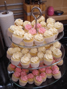 Mini pink and ivory cupcakes